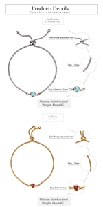 Detail of adjustable stainless steel box chains with blue and red cubic zirconia charms