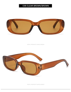 Detailed views of retro narrow oval sunglasses in clear brown with dark lenses