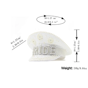 White bridal captain hat with pearls and BRIDE lettering for wedding party