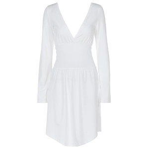 French V-neck white long sleeve dress with backless design and slim waist fit