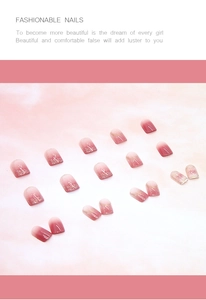 Detail of pink gradient press-on nails set with glitter sequins and 24 pieces