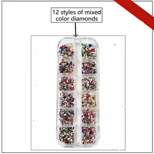 Detail of 12-grid nail art kit with assorted shapes and colorful resin rhinestones