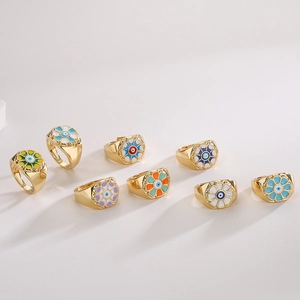 Bohemian 18K gold plated copper rings with colorful enamel flower and evil eye patterns
