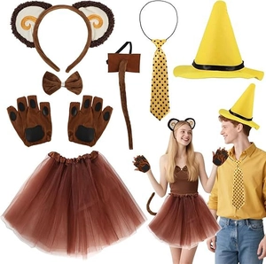 Detailed view of monkey costume set including plush headband, tutu, gloves and tail