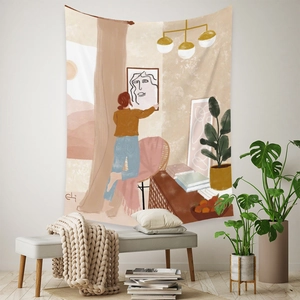 Artistic bohemian wall tapestry featuring minimalist female illustration for home decor