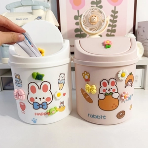 Mini Desktop Trash Can Plastic Cute Cartoon Press Lid Small Waste Bin For Office Bedroom Vanity Kawaii Storage Bucket