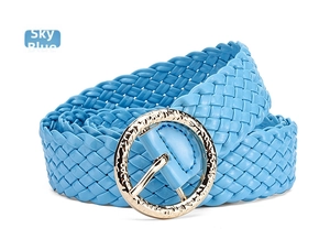 Detailed close-up of sky blue woven PU leather belt with a vintage gold round metal buckle