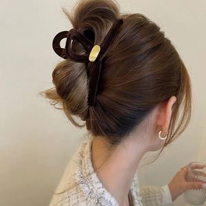 Grande Pince À Cheveux Flocage Velours Avec Métal Ovale Doré Rétro Pince Requin Accessoires Cheveux Élégants Femmes