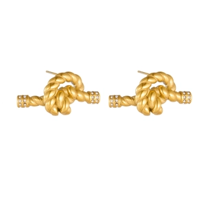 Twisted gold titanium steel stud earrings with shimmering zircon accents on white background