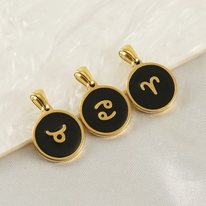 18K Gold Plated Stainless Steel Constellation Pendant Necklace Round Black Enamel Zodiac Medallion Jewelry For Women