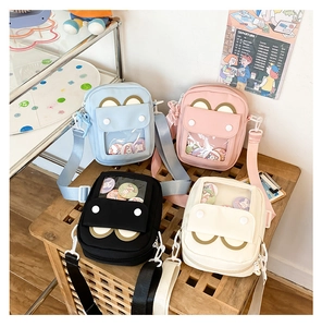 Detailed top view of cute Japanese ITA bags in blue, pink, black, and white colors