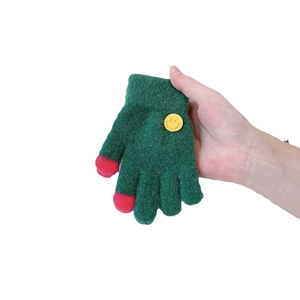 Kids warm green knitted gloves with red touchscreen fingertips and a yellow smiley patch