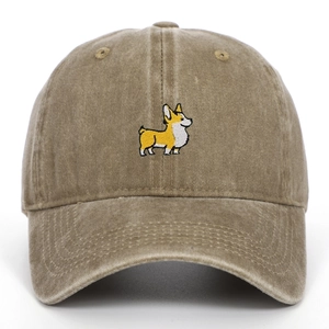 Adjustable washed cotton baseball cap featuring cute Corgi embroidery in brown color