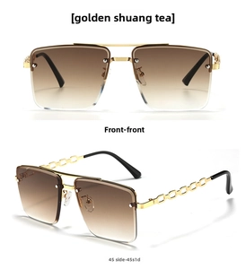 Detail of rimless square sunglasses with gold double-bridge frame and tea gradient lenses