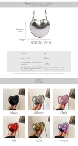 Size chart for mini heart acrylic bag showing 7x7x2 cm dimensions and six metallic colors