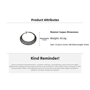 Detailed specs of multi-layered rhinestone necklace with dimensions and weight info