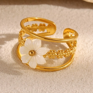 Elegant 18K gold plated multi-layer floral open ring with a white shell flower