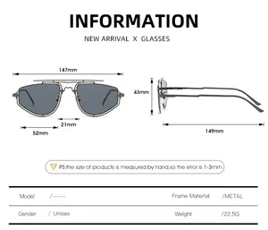 Size chart showing 147mm total width and dimensions for metal polygon sunglasses