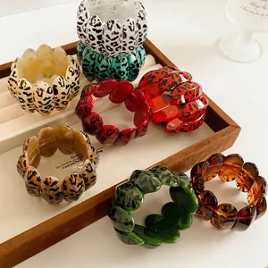 Retro Leopard Print Acrylic Bracelet Wide Elastic Resin Bangle Oval Patchwork Fashion Jewelry For Women