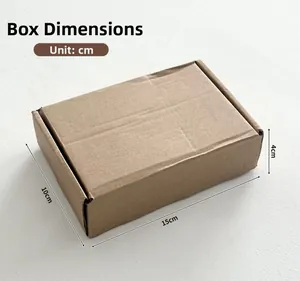 Detailed view of brown kraft paper packaging box with dimensions 15cm x 10cm x 4cm