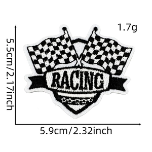 Close-up of black and white racing theme embroidery patch showing 5.9x5.5cm measurements