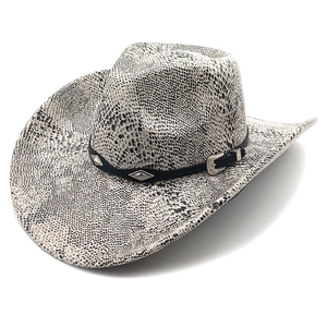 Detail of snake print cowboy hat with studded leather band and vintage metal buckle