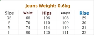 Detailed size chart for women denim pants including waist, hip, and length measurements