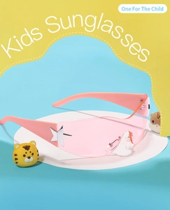 Pink oversized kids sunglasses with silver star detail on blue and yellow background