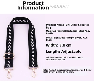 Detail of adjustable 3.8cm canvas bag strap with arrow pattern and gold metal buckles