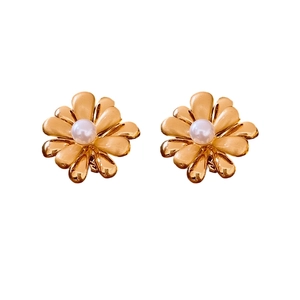 18k gold plated flower stud earrings with center white pearl on white background