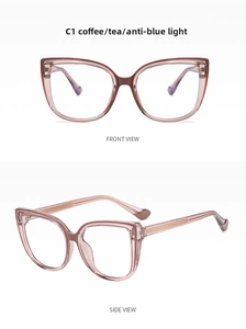 Vista frontal y lateral de gafas cat-eye con filtro de luz azul en color té transparente