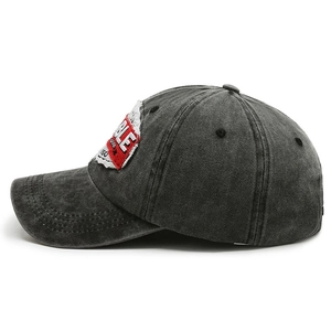 Vintage dark grey washed denim baseball cap with red embroidered patches for street style