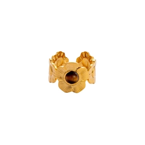 Bague ouverte vintage en acier inoxydable doré 18K avec motif floral et pierre brune