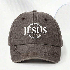 Detailed view of white Jesus Way Truth Life print on charcoal grey washed baseball cap