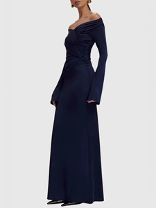 Elegant navy blue off-shoulder long-sleeve evening gown with a slimming fit