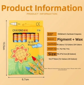 Detail view of cartoon crayons packaging with CE mark and 8mm tip size specifications