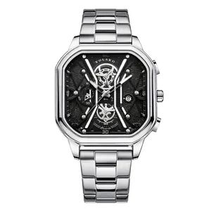 Men's oversized tonneau watch with black dial, date display and silver steel strap