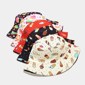 Set of 5 stylish bucket hats with cute cartoon ice cream and floral prints for summer shade