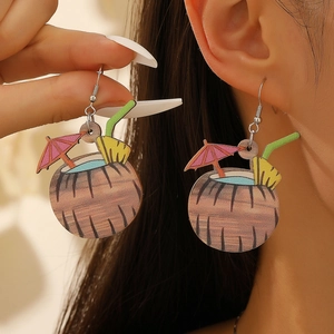 Women Bohemian Wood Drop Earrings Geometric Round Circle Flower Tropical Coconut Dangle Earrings Retro Summer Jewelry