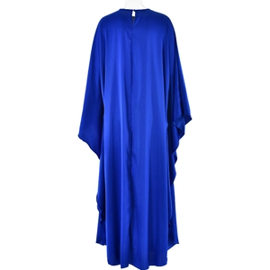 Detail view of the back neck teardrop cutout and button closure on blue satin dress