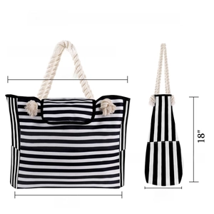 Detailed size chart showing an extra large striped beach bag with thick rope handles