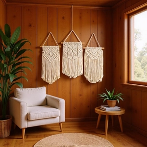 Set of 3 boho handwoven cotton macrame wall hangings with fringe in wooden room decor