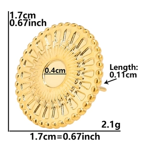 Macro detail of 1.7cm golden stainless steel round earring stud with dimensions and weight