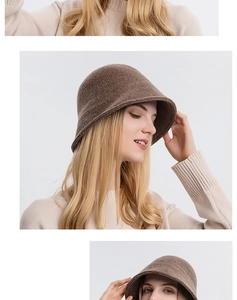 Detail of dark brown wool knit bucket hat featuring thick texture and retro bell shape