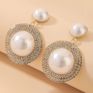 Vintage Round Imitation Artificial Pearl Drop Earrings With Rhinestones And 925 Sterling Silver Earring Post For Women