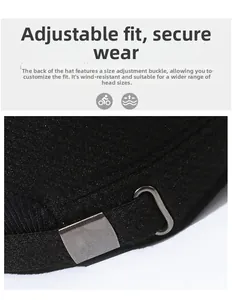 Detail of adjustable metal buckle on the back of a thick winter wool flat cap for men