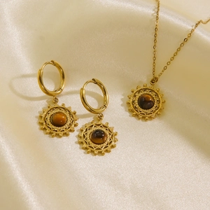 French vintage sunburst jewelry set with tiger eye stone in gold stainless steel