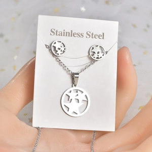 Detailed view of silver stainless steel star necklace and earrings set on display card