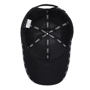 Internal view of black cotton baseball cap showing FARD logo taping and adjustable strap