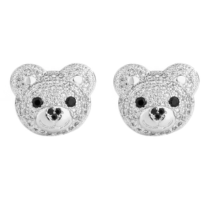 Detail shot of silver bear earrings paved with sparkling cubic zirconia crystals